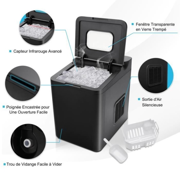 COSTWAY Ice Cube Maker 9 iskuber 15 kg/dag 6 minuters cykel Automatisk rengöring Touch Control Glaslock 1,5 L Svart