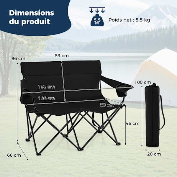 COSTWAY Havebord Foldbar 2 Personer, Kopholder, Transporttaske, til Camping Strand Fiskeri Rejse, Belastning 300 kg, Sort Svart