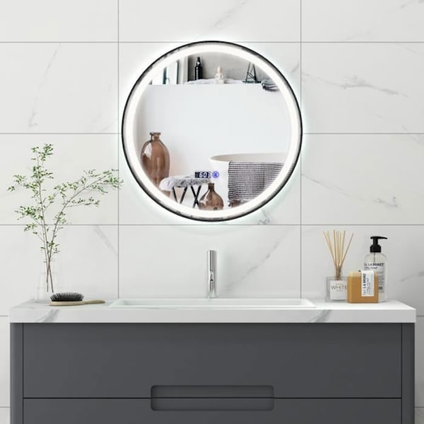COSTWAY Ø 60 cm Rund Badrumsspegel - LED, Anti-dimma, 3 färger, Minnesfunktion, Tid/Temperatur Display, Okrossbar