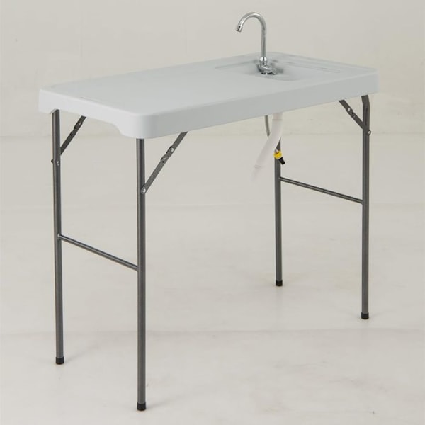 Fällbord för Trädgård 108 CM COSTWAY, Utomhus Rengöring Bord i HDPE med Diskho, 360° Svängbar Kran, Avloppsslang
