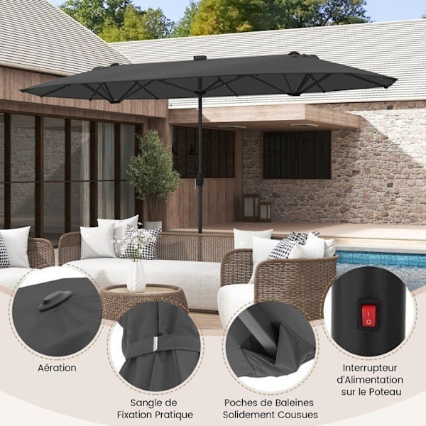 Parasol Double af Have XXL med 36 LED-lamper - COSTWAY - Grå - 400 x 200 x 240 cm Grå