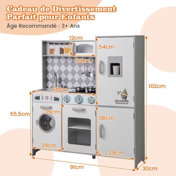 COSTWAY lasten keittiö - yli 3 vuodeksi - säilytystila - puinen lelu - ääni- ja valotehosteet - lisävarusteet - 91 x 30 x 102 CM