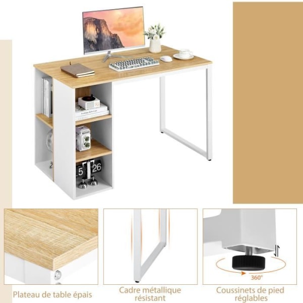 COSTWAY computerbord med reol, metalstel, computerbord med 5 rum, 115 x 59,5 x 75 cm, naturlig Natur + Vit