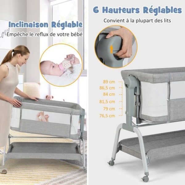 COSTWAY Bærebrus Cododo Baby Portable 4 i 1 Madras, Net, Opbevaringskurv, 2 Elastiske Remme Højdejusterbar 0-6 Måneder Grå Grå