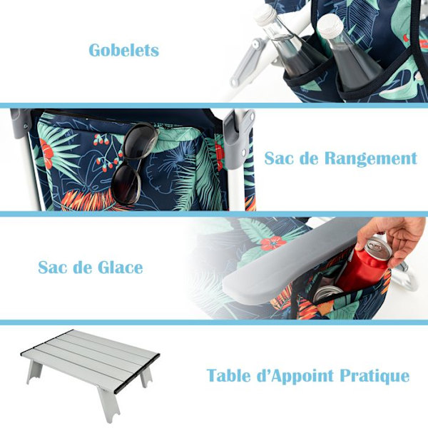 COSTWAY Ensemble 3-pc med 2 Klapstole og Rullbart Bord, Hovedpude, Justerbar Ryg i 5 Positioner, Blomsterdesign