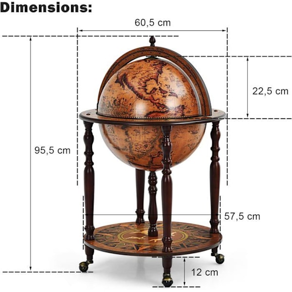COSTWAY Bar Globe marin kartografi från 1500-talet, med 4 hjul och retrostil, för vardagsrum, bar, vinkällare, brun