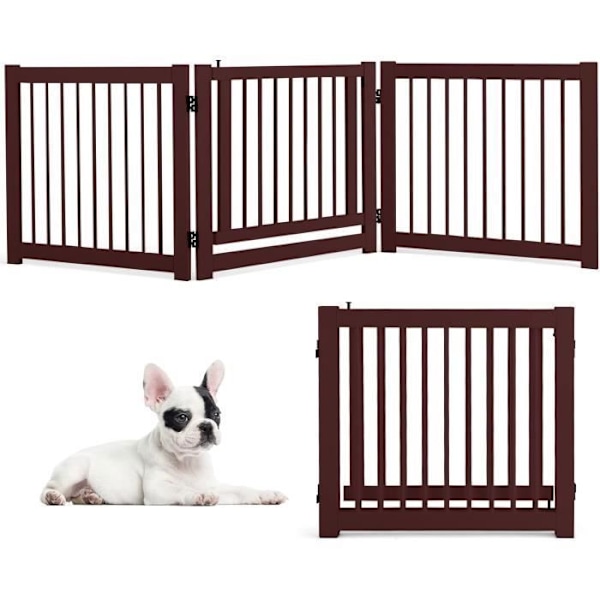 COSTWAY Hopfällbart hund-/djurstaket av furu 203X56X9.5CM Teleskopisk 3-panels säkerhetsdörr