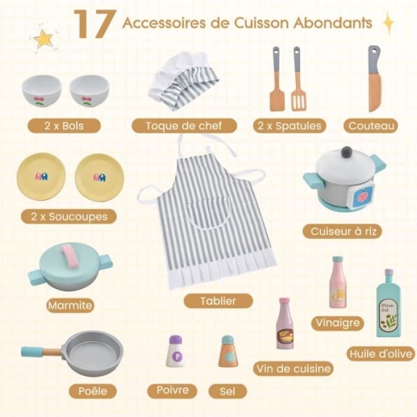 COSTWAY kök för barn - 17 tillbehör med mössa, förkläde, tvättmaskin, mikrovågsugnar för 3 - 10 år