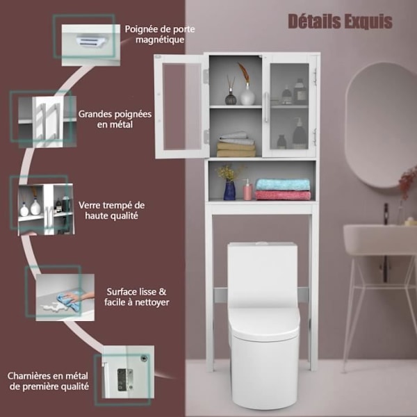 COSTWAY WC-yksikkö WC:n yläpuolella, 3 hyllyä kylpyhuoneen säilytykseen Valkoinen Moderni 57 x 18,5 x 163 CM Vit