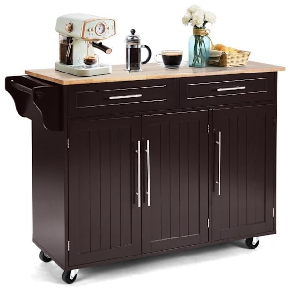 COSTWAY keittiövaunu pyörillä, Kitchen Island veitsenpidikkeellä, pyyheteline, 3 ovea ja 2 laatikkoa, kahvi