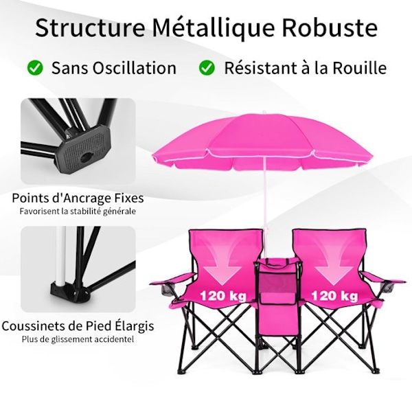 COSTWAY Fällbar Campingsoffa för 2 personer - Isoleringstolke, Parasoll, Mugghållare, Armstöd, Max belastning 270 KG - Rosa Rosa