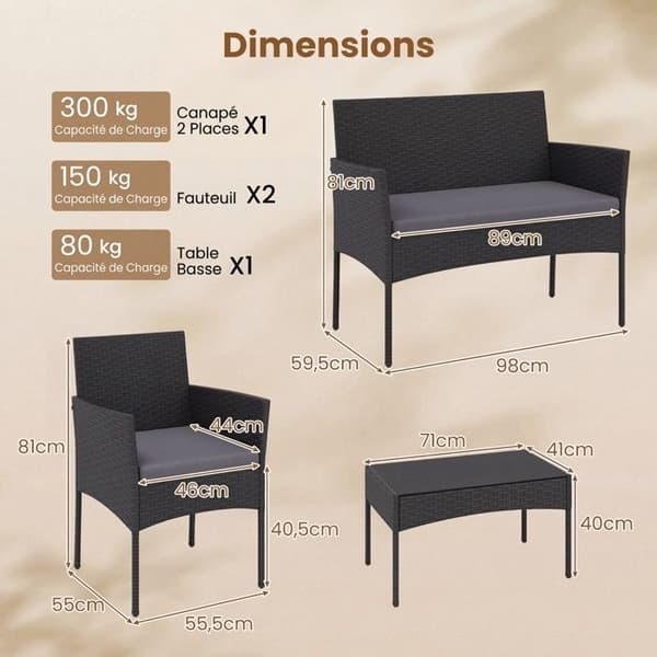 COSTWAY Ensemble 4 Delar Bord och 2 Stolar i PE-Rotting, 2-Sits Soffa, Utomhusmöbler med Grå Kuddar