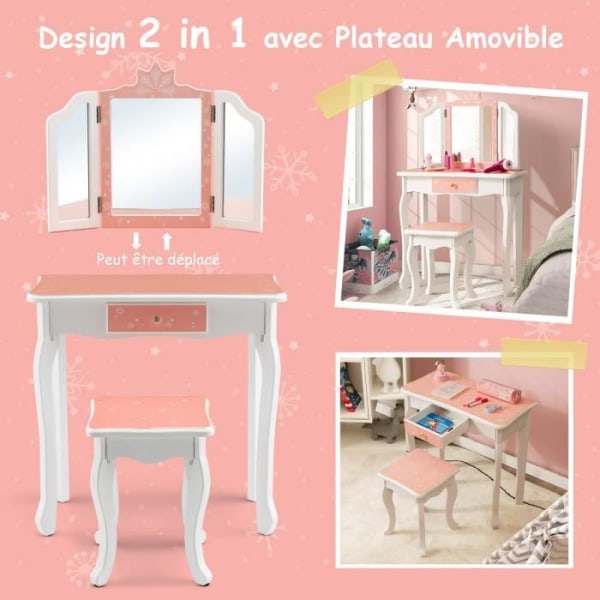 COSTWAY sminkbord för barn med löstagbar 3-faldig spegel och pall, sminkbord med låda för barn 3 år+, rosa