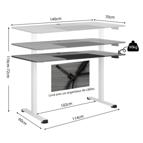 COSTWAY elektrisk sidde-stå skrivebord, 140 x 70 x 72-116 cm, Højdejusterbart bord, Enkeltmotor, Mørkegrå Mörkgrå