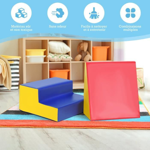 COSTWAY 2 STK Foam Motor Skills Moduler til småbørn Anti-Slip Pædagogisk spil til klatring Glidning Crawling byggeklodser Gult, blått och rött