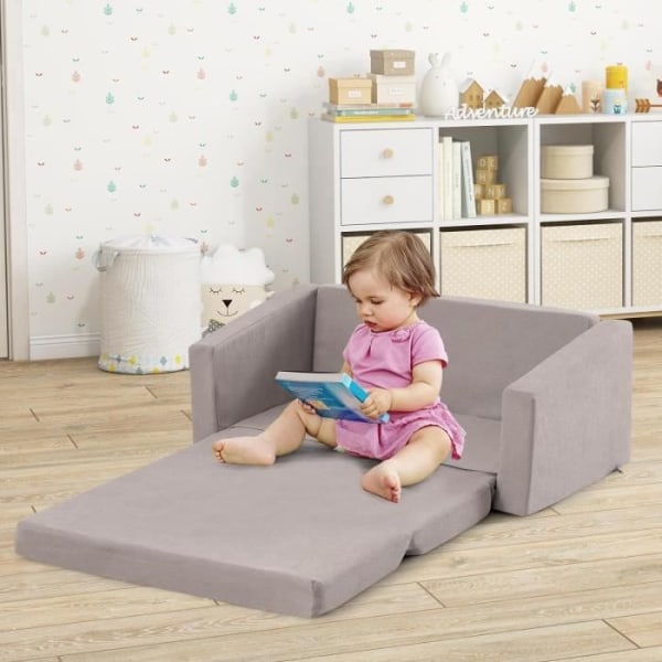 COSTWAY bäddsoffa för barn 2 i 1 - 2-sits i textilflanell med avtagbart och tvättbart överdrag, belastning 50 kg i 18-36 månader