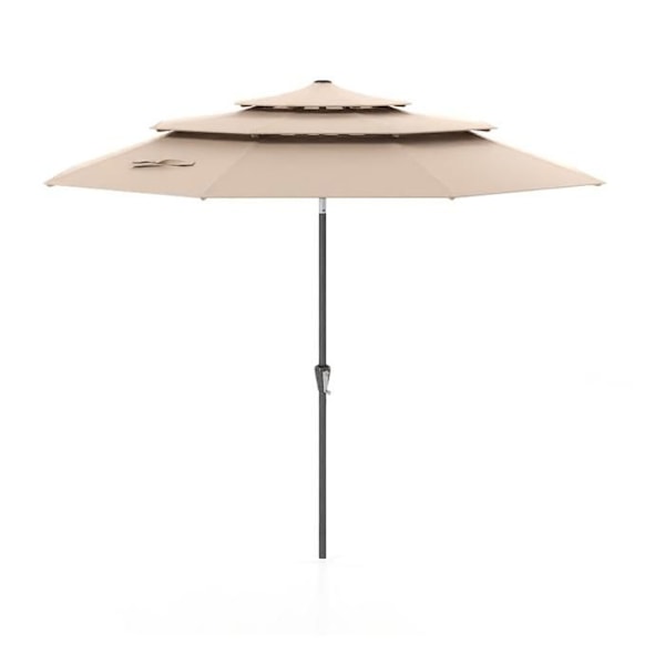 COSTWAY 3M Haveparasol med Ventileret Tag i 3 Niveurer - 30° Knapvinkling - Push-funktion til Strand, Poolkant Brun