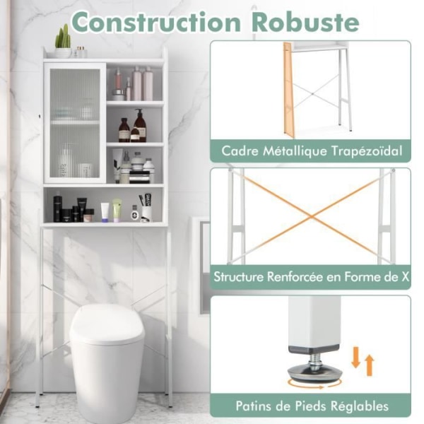 COSTWAY Toalettenhet ovanför toaletten med skjutdörr i glas, metallram, ställbara hyllor, 63 x 29 x 170 cm, vit