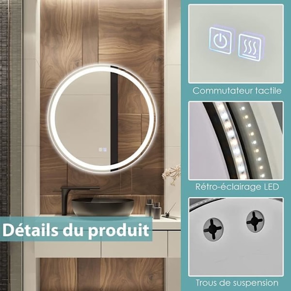 COSTWAY Rund LED Badrumsspegel Dia. 60 cm - Justerbar Ljusstyrka och Färgtemperatur, Anti-Imma Touch Switch