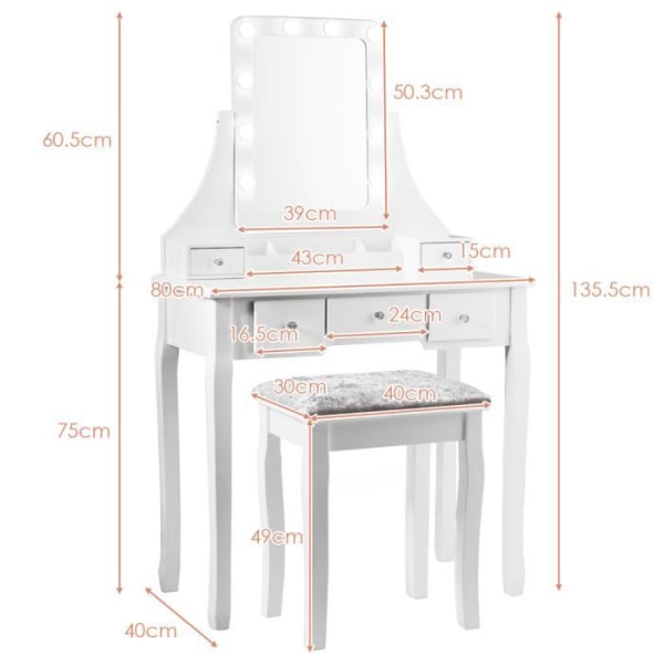 COSTWAY Sminkbord med pall och 360° roterande spegel - Sminkbord - 10 LED-lampor med justerbar ljusstyrka, 5 lådor