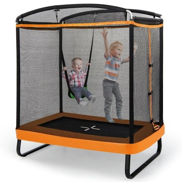 COSTWAY studsmatta för barn rektangulär 190x122cm 3 i 1 med gunga, horisontell stång-40 galvaniserade fjädrar 100 kg-gul svart och orange