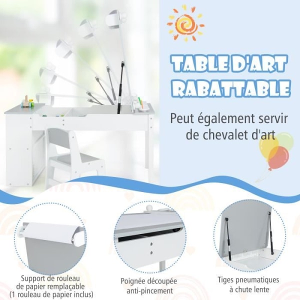COSTWAY 3 i 1 barnbord och 2 stolar set - 6 förvaringsfack - Lyftbar fack - Pappersrulle och färgmuggar - Grå