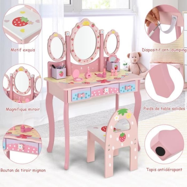 COSTWAY 2-i-1 sminkbord för barn med avtagbar spegel, 3 lådor, 2 lådor i prinsessstil för flickor, rosa