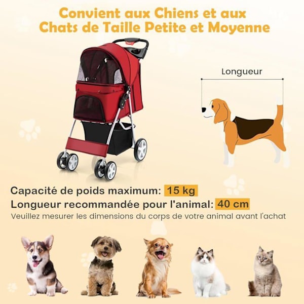 COSTWAY kokoontaitettava Pet Buggy -rattaat, 4 pyörää, 15 kg:n kissa-/koiravaunu, jossa on mukiteline ja säilytyskori, punainen