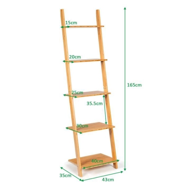 COSTWAY bambusta kallistuva kirjahylly 5 tasoa 43x35x165cm tikkaat hyllyllä liukumattomalla pehmusteella Luonnollinen vedenpitävä pinta