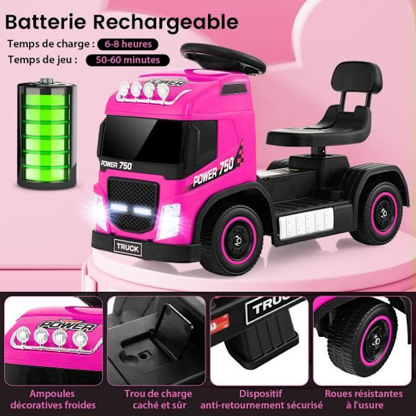 COSTWAY Lasten sähköauto 6V kuorma-auto - Musiikki, Torvi, LED - Korkeussäädettävä istuin - 18-72 kuukautta - 20 kg - Vaaleanpunainen Rosa