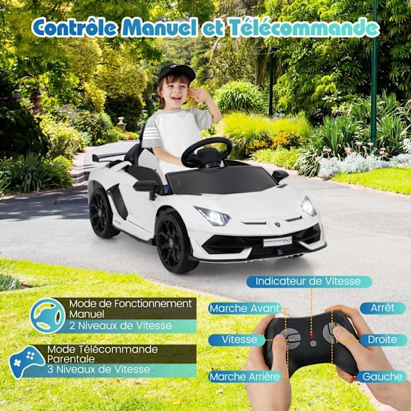 Lamborghini Elbil 12V/4,5 Ah, Fjernbetjening 2.4G, 2 Motor, Fjädring, LED, MP3, USB, TF, Radio, Hvid