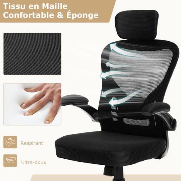 COSTWAY Mesh kontorsstol, fällbara armstöd, sitthöjd 48-58 cm och justerbart nackstöd och svankstöd