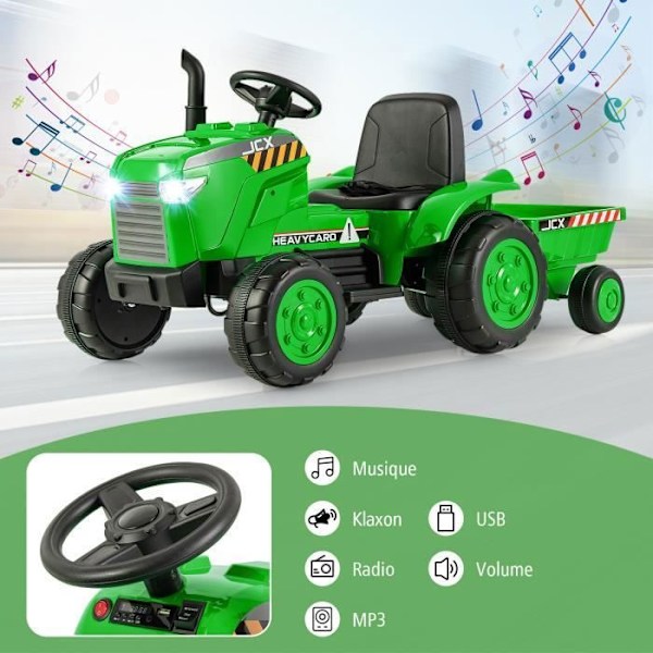 COSTWAY El-traktor 12V 7AH - 2,4G Fjernbetjening, Fjederophæng, LED, Horn, Soft Start, 3 - 8 År, Grøn