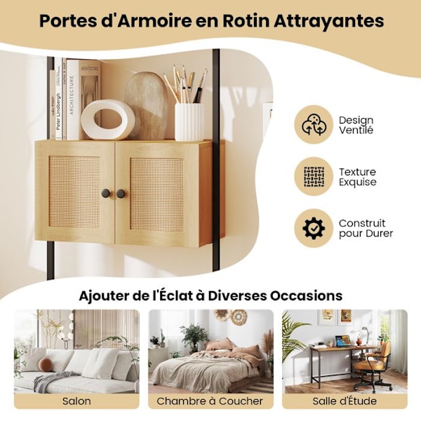 COSTWAY Væghylde Skala 184 cm med 5 Niveauer, Rattan Skab, Metalramme, Åben Reol til Stue Kontor, Naturlig
