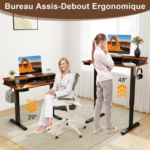 Bureau Assis-Debout Elektrisk 100x60cm -COSTWAY-2 Lådor-Skärmstöd - Justerbar i 3 Höjder Hängkrokar Brun