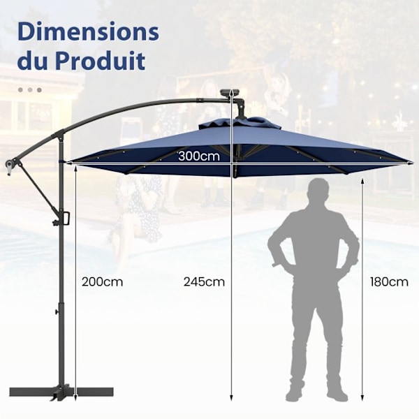 Parasol Déporté φ300 x 245cm - COSTWAY - med 32 LED - Krydsbase - Vinkeljustering - Knage - 360° Rotation - Marine