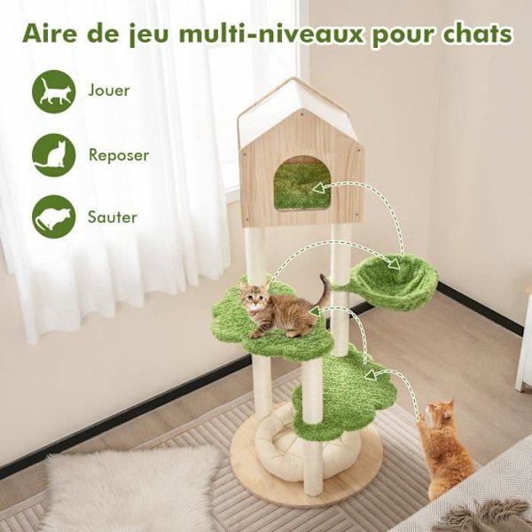 COSTWAY Cat Tree 139 CM Trä - Skrapstolpe, lägenhet, korg, kattsäng, 2 plattformar - Cat Play Tower