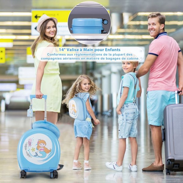 COSTWAY lasten matkalaukku pyörillä 14" + 10" reppu, niskatyynyllä, matkatavaralappu, lentomatka, sininen