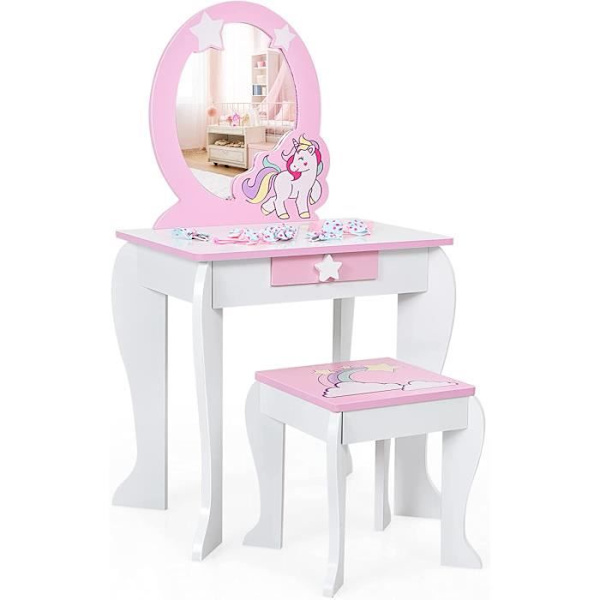 COSTWAY Sminkbord för barn Sminkbord med pall, avtagbar spegel och 1 Princess Style förvaringslåda Vit