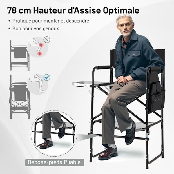 COSTWAY Høj Foldbar Havestol 116,5 cm med F oldbar Sidebord og Fodstøtte, Krus-holder, Netopbevaringspose svart och grått