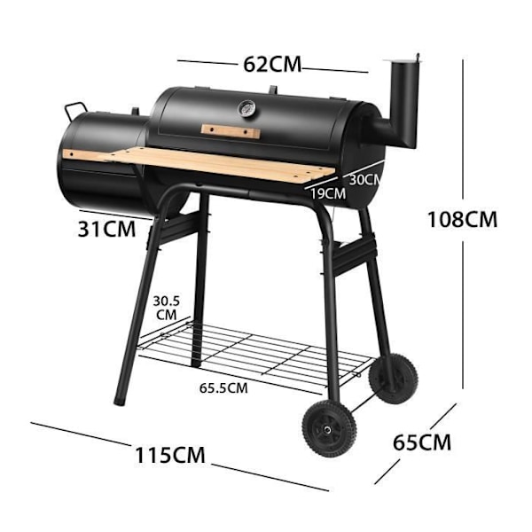 COSTWAY Charcoal Grill-Fjärrrökare, Lock-2 Hjul-Eldlåda-Sidobord-Termometer, Grill, 115x65x108cm Svart