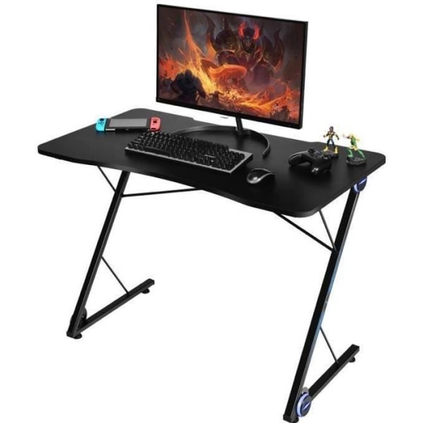 COSTWAY Gamer Skrivebord Gaming Skrivebord med LED-lys Z-formet 110X60X78CM med Kabelstyring Kulfiber Overfladebelastning 60KG