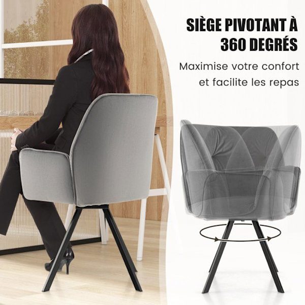 COSTWAY sæt med 2 spisestuestole i fløjl, 360 grader drejelig, metalben og skridsikre puder, 63x59x87 cm, grå Grå