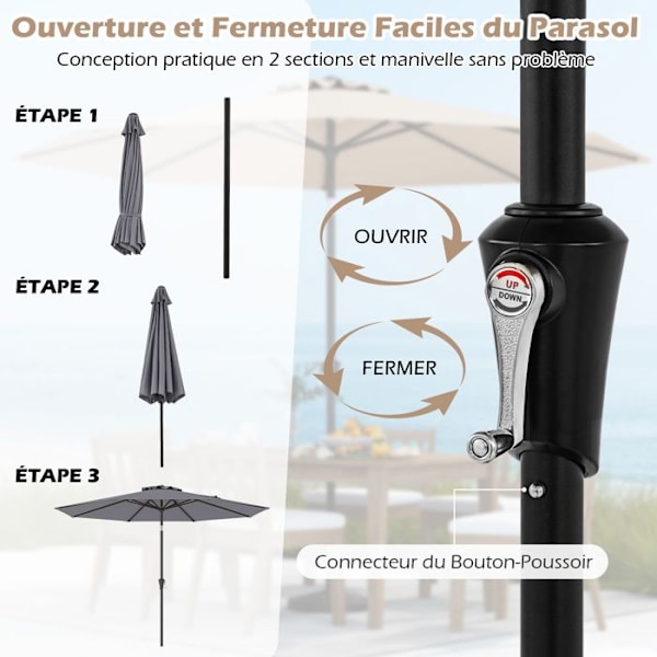 Parasol Déporté 25 °303cm - COSTWAY - Solbeskyttende - Knap-Vipning 8 Spidser til Have, Terrasse Grå