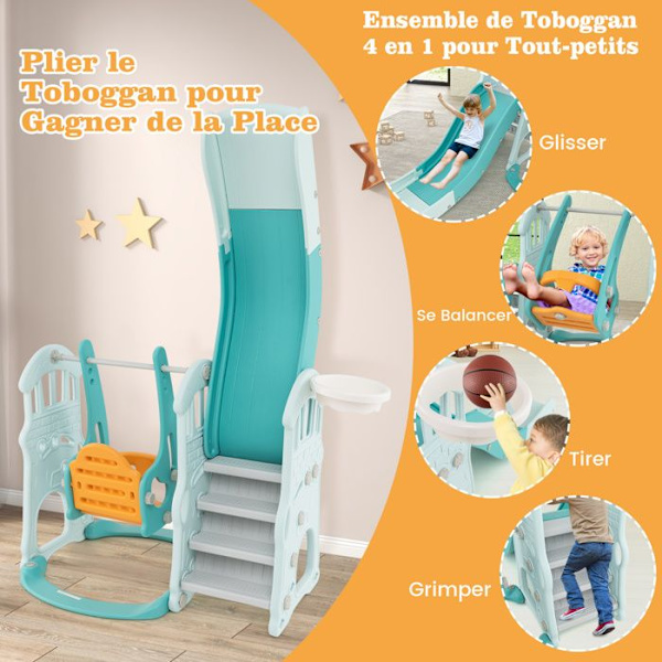 COSTWAY 4 i 1 rutschkana för barn-Basketbåge-gunga Justerbar i 3 höjd-18+ månader-185 x 150 x 102 cm Grön + orange