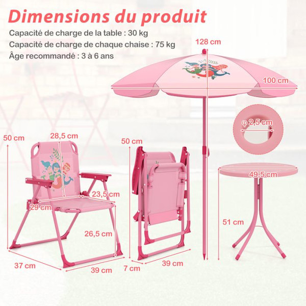 COSTWAY Picnicbord 4 Stykker til Børn - 2 Foldestole - en Højderegulerbar Parasol 120-128cm Rosé