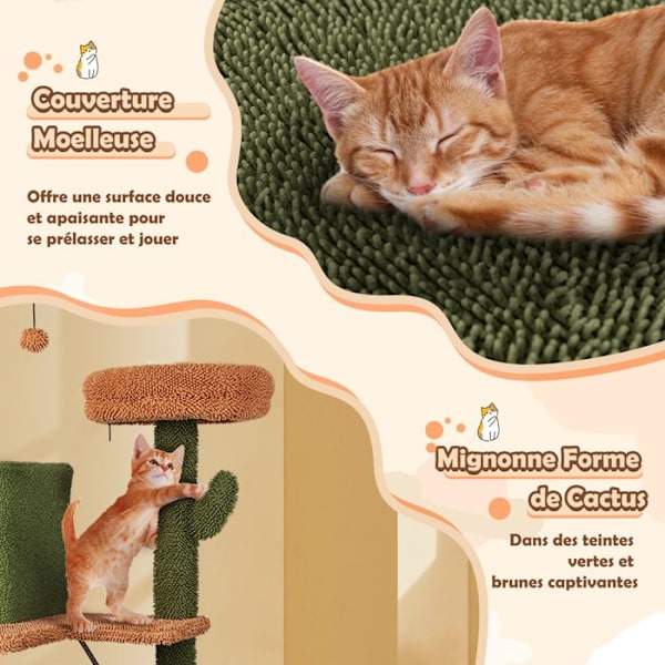COSTWAY Cactus Cat Tree 63" Multi-Level, skrapstolpar, 2 lägenheter, vadderade sittpinnar, hängande leksaker, korg Färg: Grön + brun