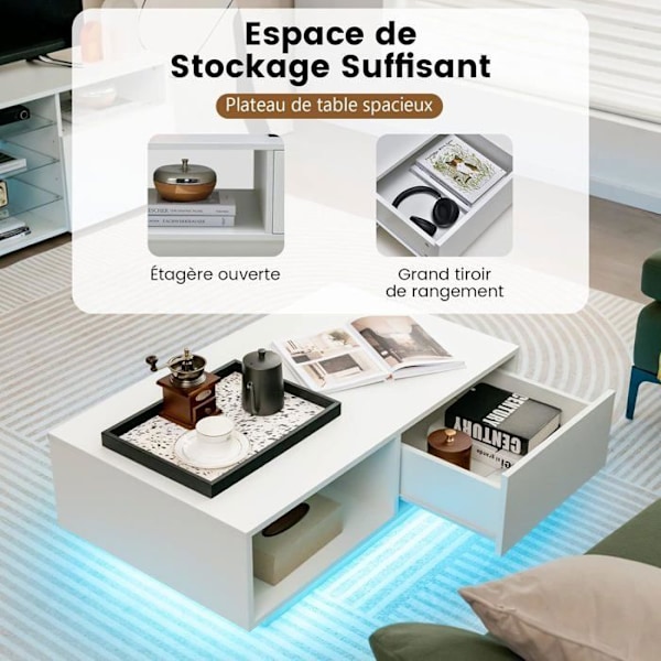 COSTWAY Sofabord - LED Lys 20 Farver - 95 x 55 x 31 CM - LED Sofabord med Stort Skuffe og Rum - Hvid Vit