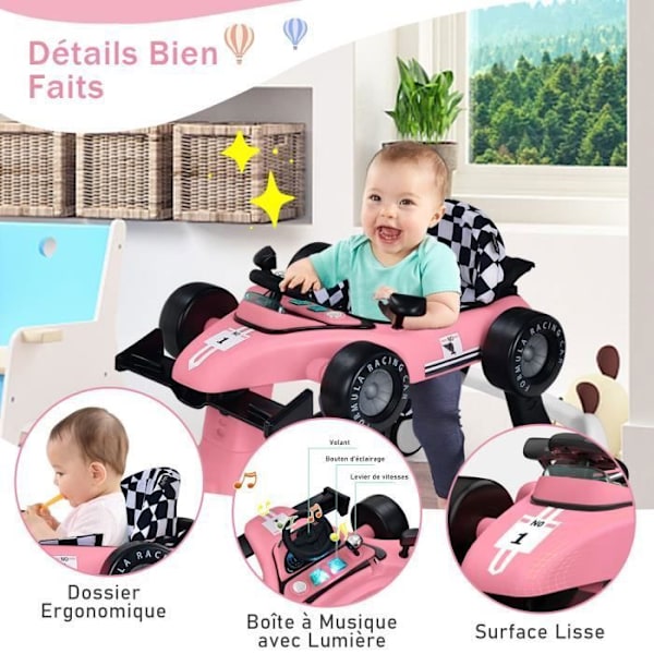 COSTWAY Musical Foldbar Baby Walker 4 i 1 biludseende pusher Justerbar højde og hastighed med lyserødt rat Rosa