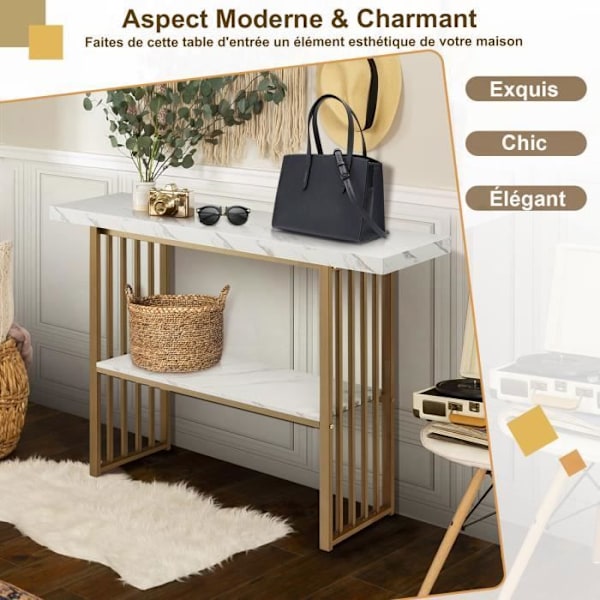 COSTWAY konsolbord, hall med marmoreffekt - 2 våningar 120 x 29,5 x 92,5 cm (L x B x H) Guldmetallram - skandinavisk stil Guld